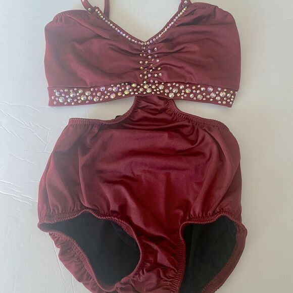 Kelle custom solo rhinestone 2 piece style leotard Dance Costume burgundy red MA - Picture 4 of 11